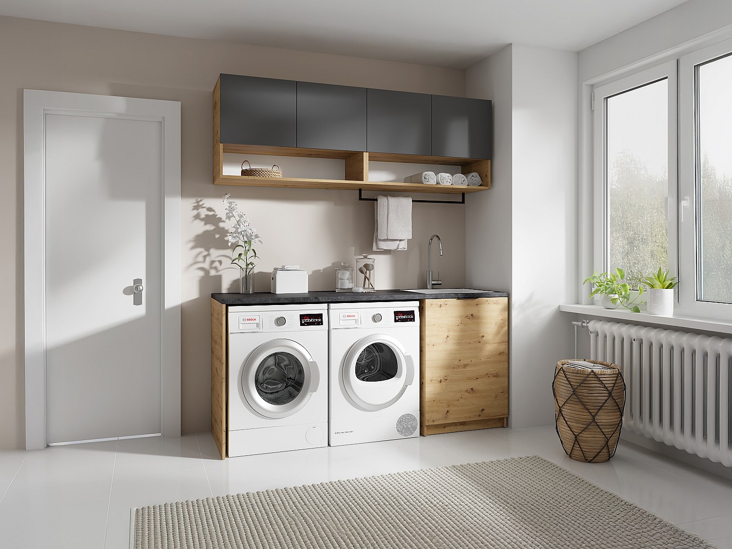 Waschküchenmöbel für Waschmaschine mit Arbeitsplatte - 182 cm - Anthrazit & Holzfarben hell - NATAJI