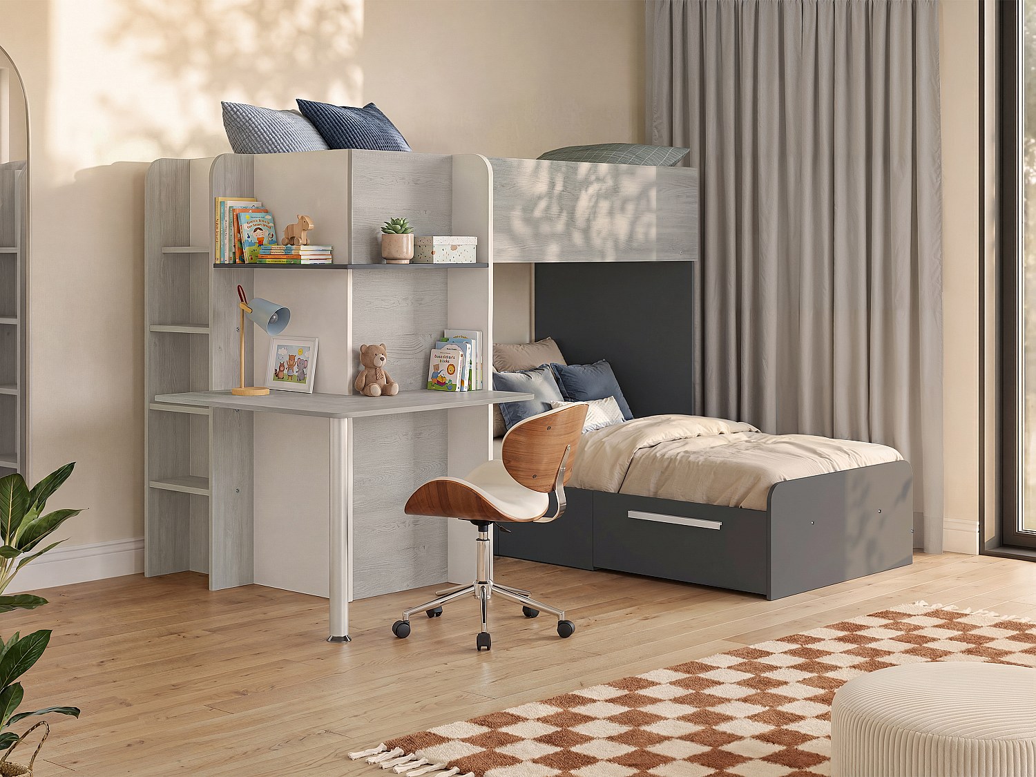 Eck-Hochbett - 2 x 90 x 190 cm -  mit Schreibtisch - Grau, Weiß & Schwarz + Matratze - SAMUEL