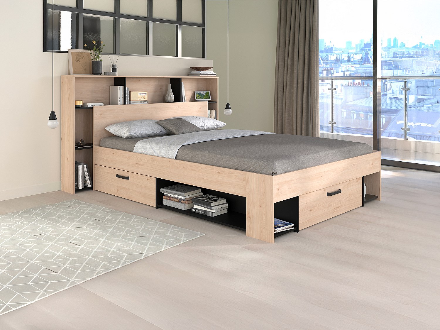 Bett 140 x 190/200 cm mit Kopfteil & Stauraum - Holzfarben & Schwarz - KINSELIA