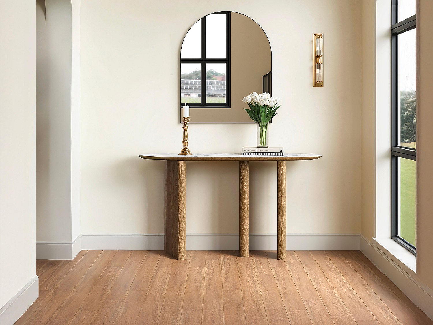 Konsole aus Keramik und MDF - Natur und weißer Marmor-Effekt - MODREYO