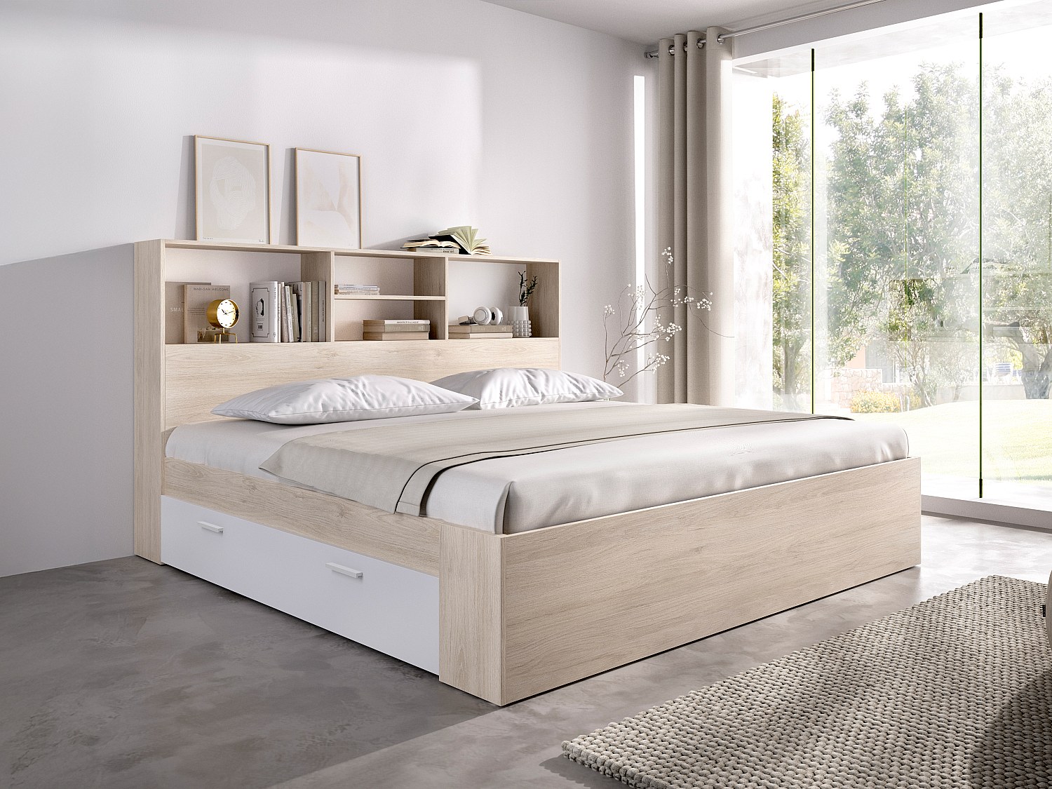 Bett mit Stauraum + Lattenrost - 140 x 190 cm - Holzfarben & Weiß - VARDIEL