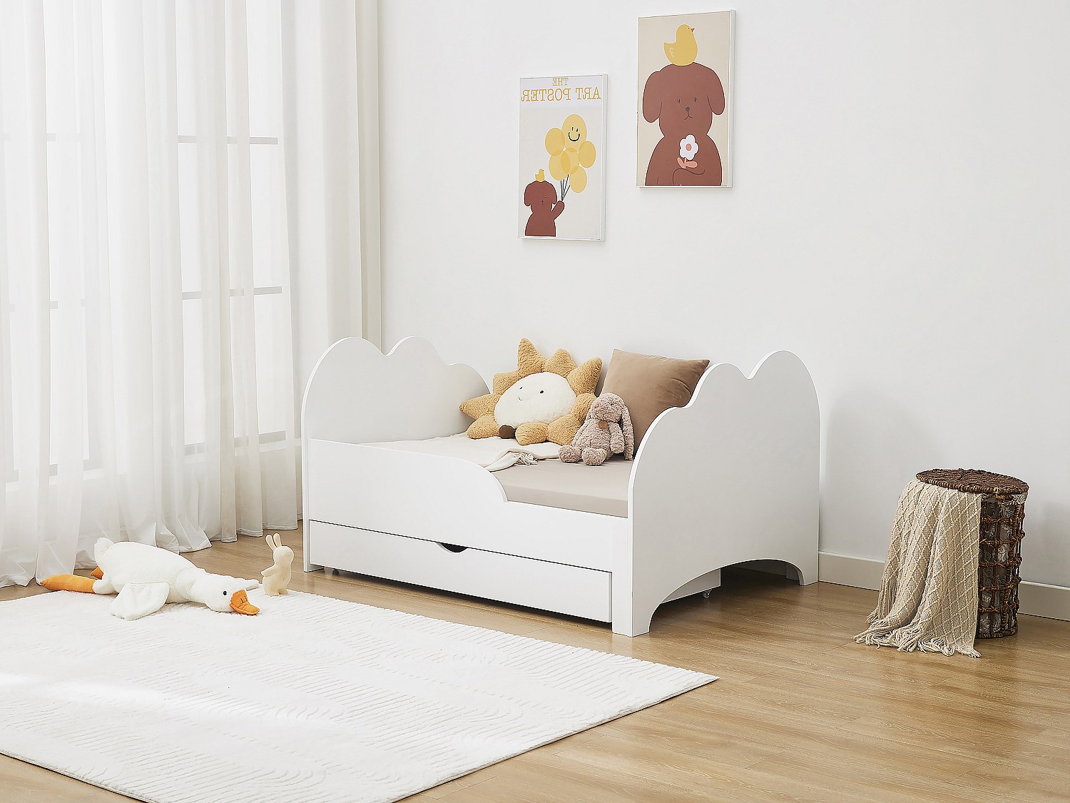 Bett mitwachsend mit Schublade + Matratze - 90 x 140/170/200 cm - Kiefer & MDF - Weiß - TEONIA