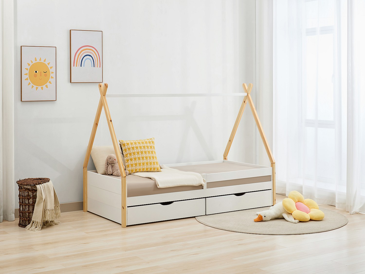 Kinderbett Tipi-Bett mit Schubladen + Matratze - 90 x 190 cm - Kiefer & MDF - Weiß & Holzfarben - LUANCO