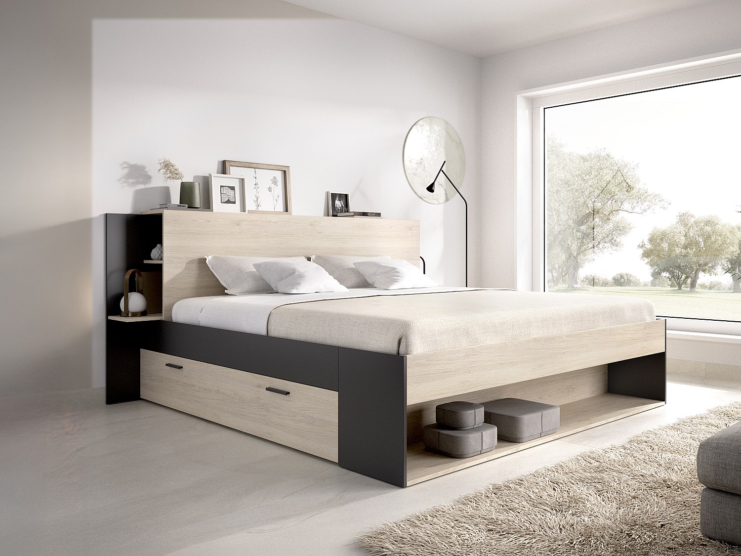 Bett mit Stauraum + Lattenrost - 140 x 190 cm - Holzfarben & Schwarz - KEROSIA
