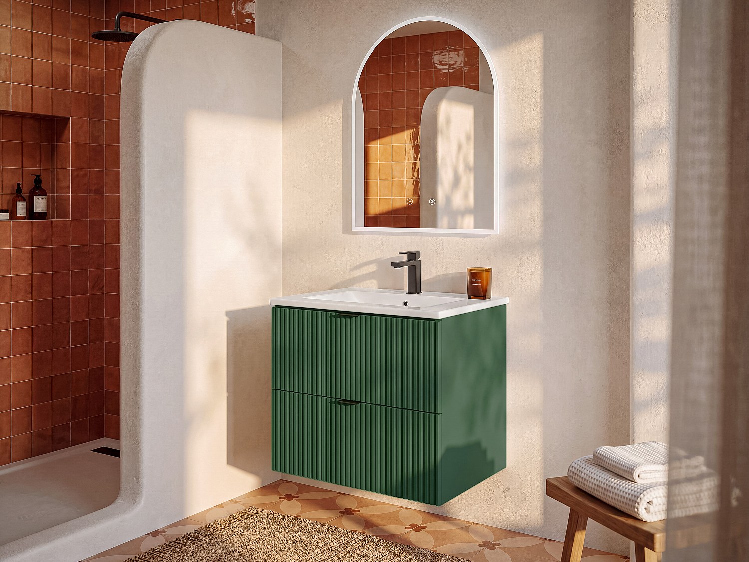 Waschbeckenunterschrank hängend unter Waschbecken - Streifenoptik - Grün matt - 60 cm - ZEVINI