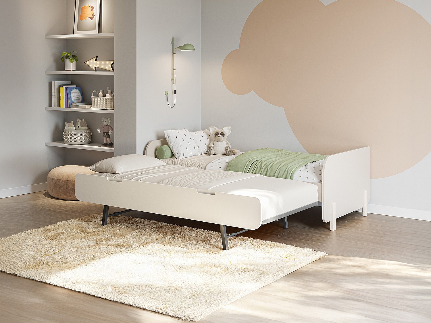 Ausziehbett + Matratzen - 2 x 90 x 190 cm - MDF & Kiefernholz - Holzfarben & Beige - TALUDO