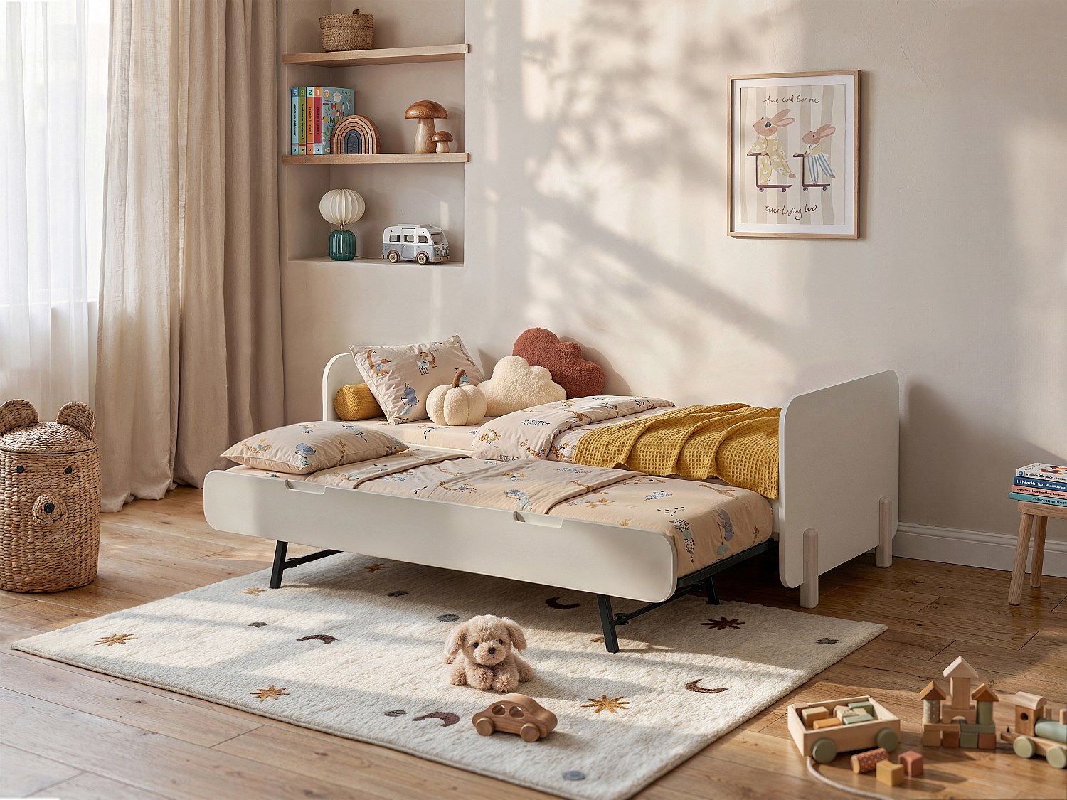Ausziehbett + Matratzen - 2 x 90 x 190 cm - MDF & Kiefernholz - Holzfarben & Beige - TALUDO