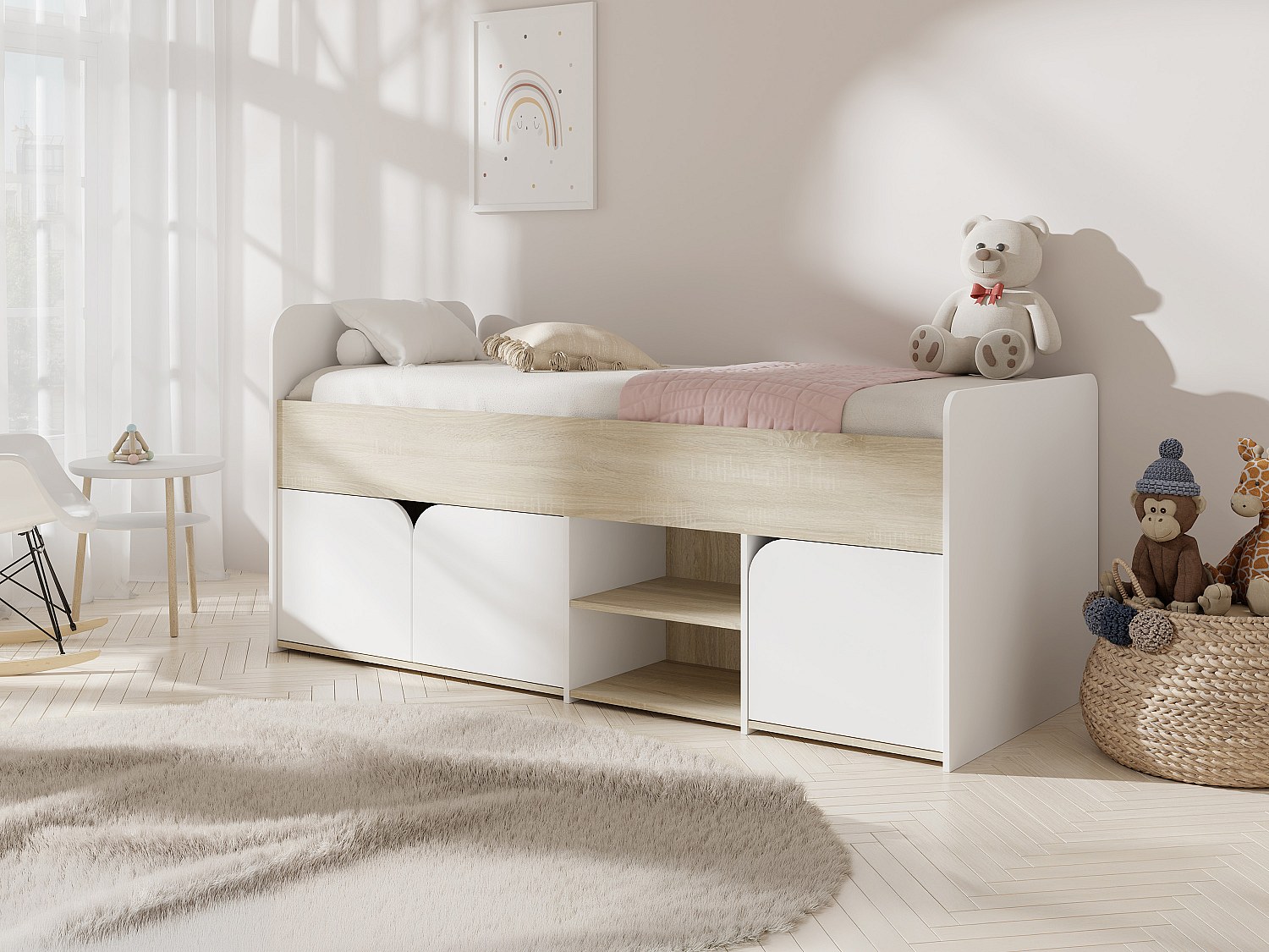 Bett 90 x 190 cm mit Stauraum - Farbe: Natur und Weiß + Lattenrost + Matratze - LOSTYA