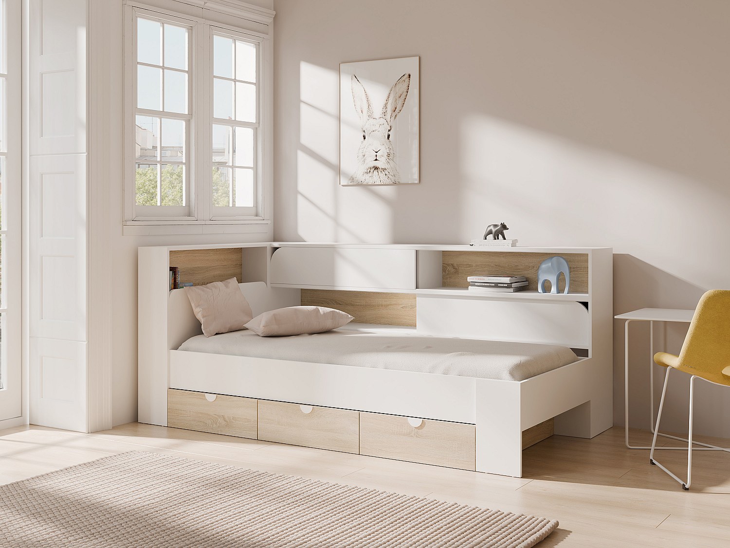 Bett 90 x 190 cm mit Stauraum - Farbe: Weiß und natürlich + Lattenrost - TAMADU