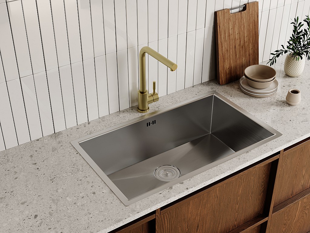 Set Spülbecken 76 x 45 cm SOELA + Armatur ROFILA aus Edelstahl - Grau & Goldfarben