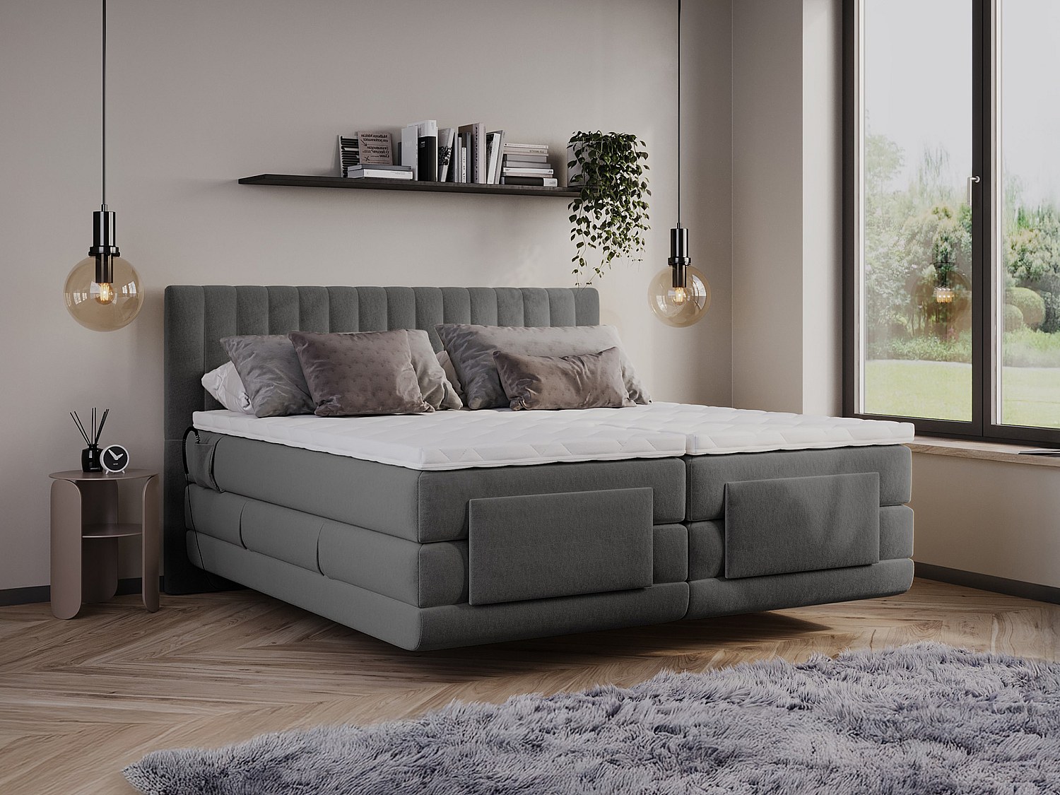 Komplettes Boxspring-Set - Kopfteil mit vertikalen Nähten + elektrischer Relax-Lattenrost + Matratze + Topper - 2 x 90 x 200 cm - Velours - Anthrazit - DONISI von PALACIO