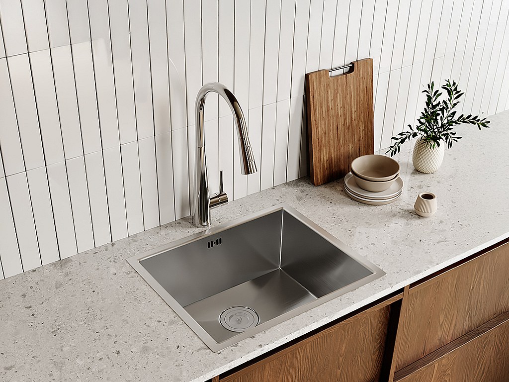 Set Spülbecken 55 x 45 cm SOELA + Armatur RONA mit abnehmbarem Auslauf aus Edelstahl - Grau & Chromfarben