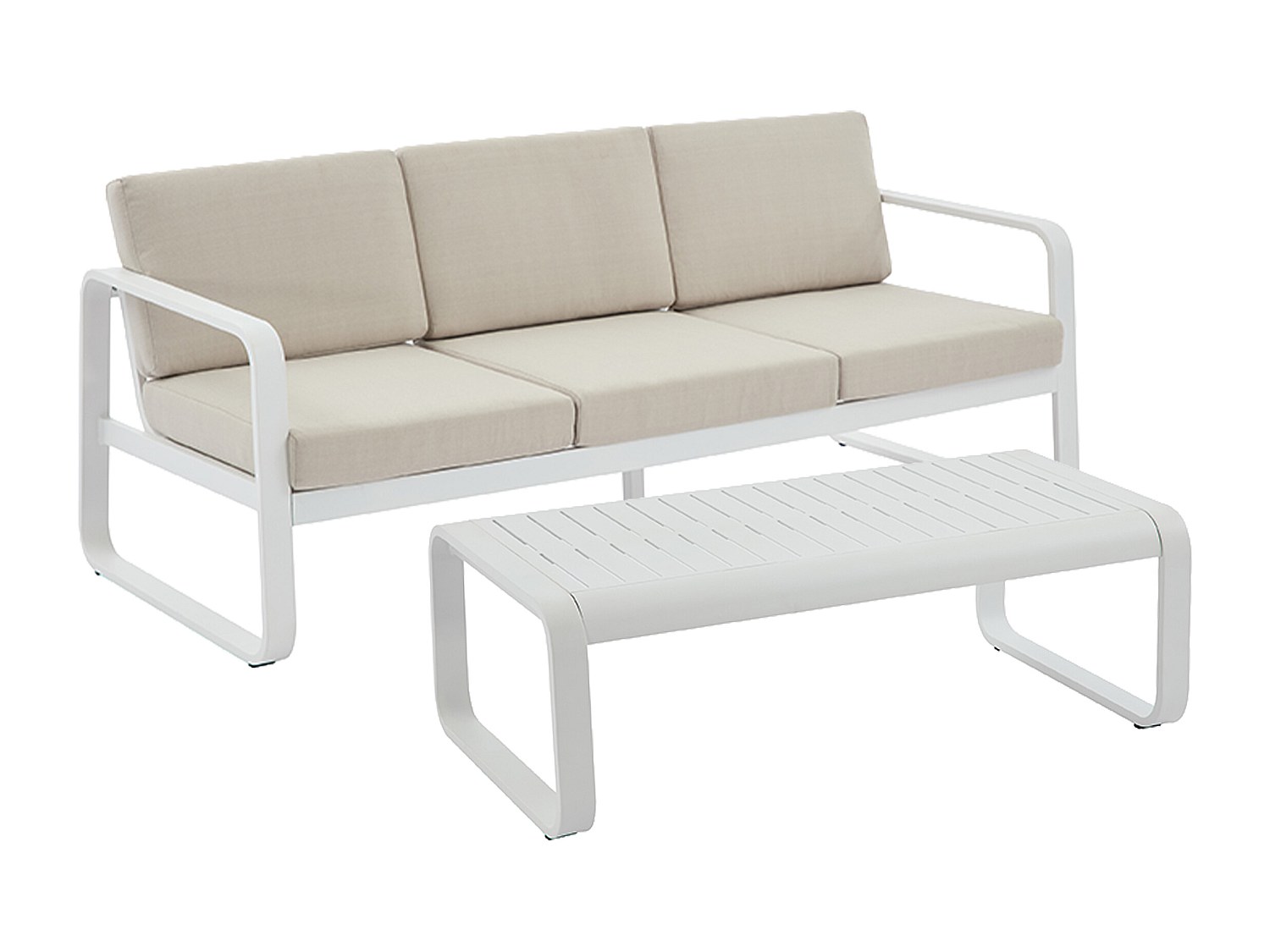 Gartenlounge aus Aluminium: 1 Dreisitzer-Sofa und 1 Couchtisch – Weiß mit beigen Kissen – LOMIA von MYLIA