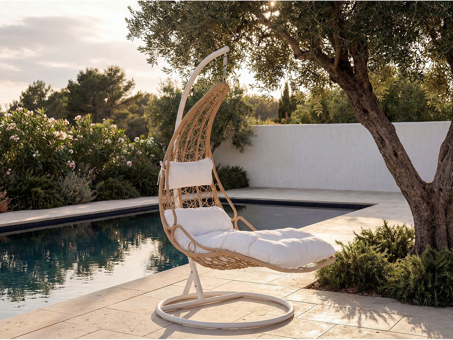 Hängesessel - Polyrattan - Helles Naturbraun mit weißen Kissen - LUVA von MYLIA