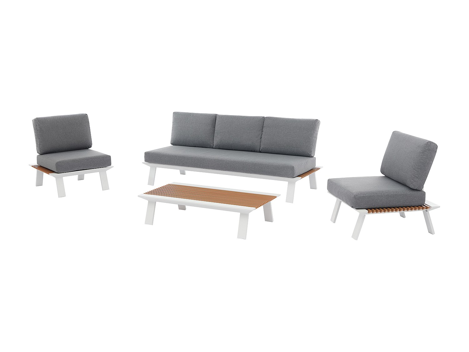 Gartenlounge aus Aluminium: 1 Dreisitzer-Sofa, 2 Sessel und 1 Couchtisch – Natur hell mit anthrazitfarbenen Kissen – MALLY von MYLIA