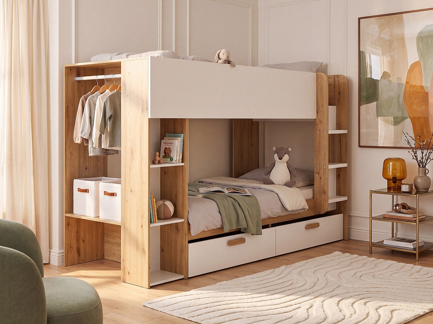 Etagenbett 2 x 90 x 200 cm mit Stauraum und Kleiderstange - Weiß & Holzfarben - OZANA