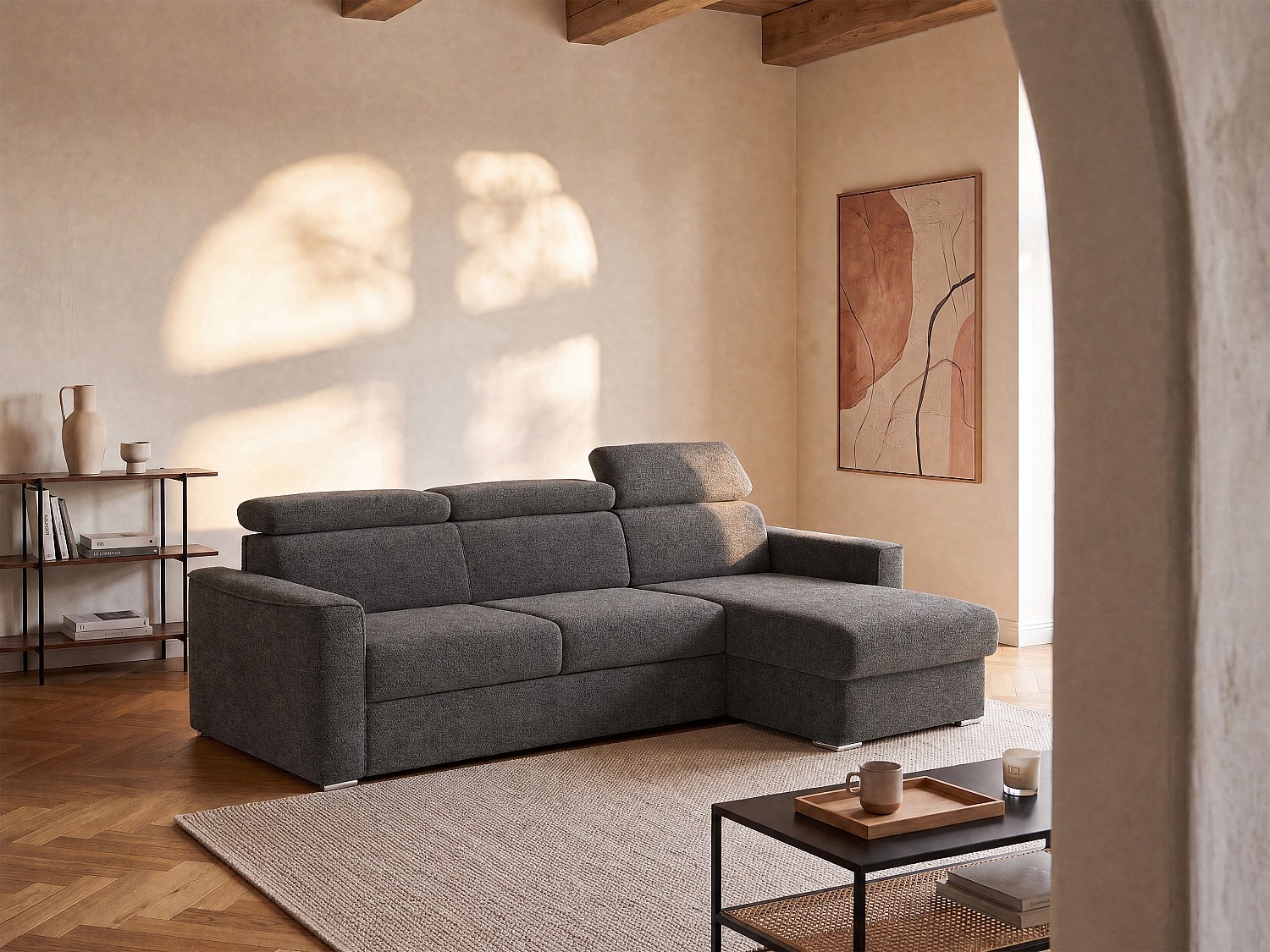 Ecksofa mit Matratze - Ecke wechselbar - Chenillestoff - Anthrazitgrau - Liegefläche mit Lattenrost mit breiten Latten 160 cm - Matratze 22 cm - Memory Schaum - VIZIR