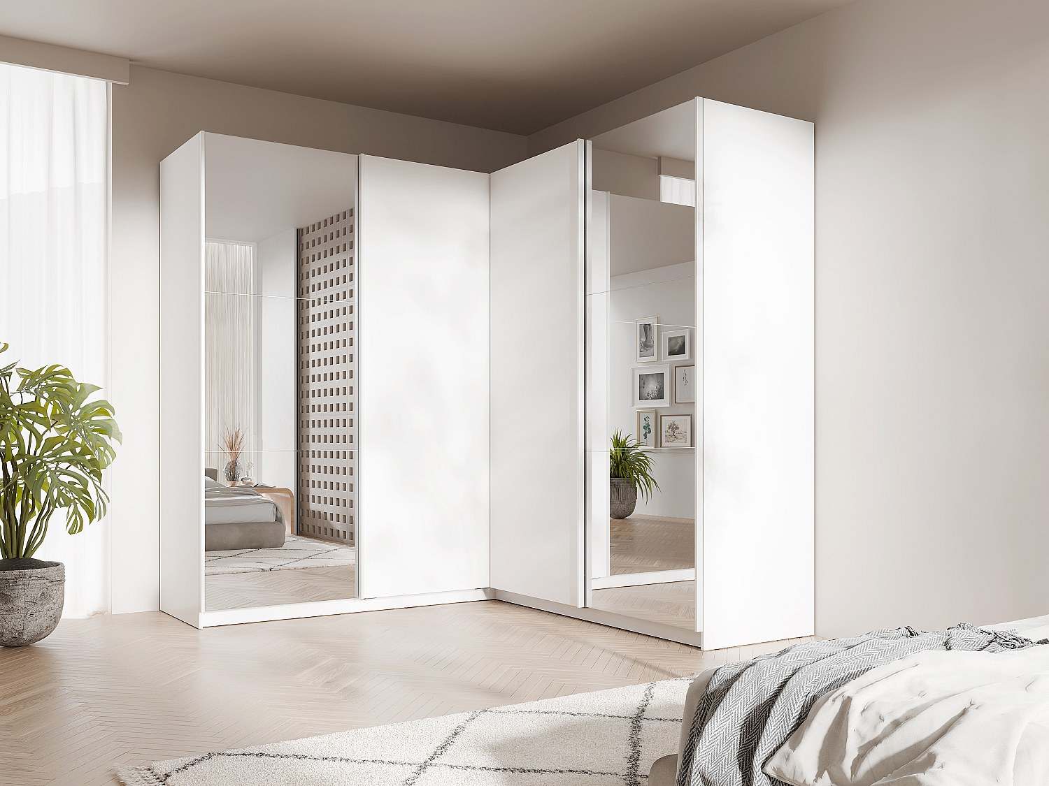 Eckschrank 4 Türen - Mit Spiegel - L. 211 cm - Weiß - LEDORMA