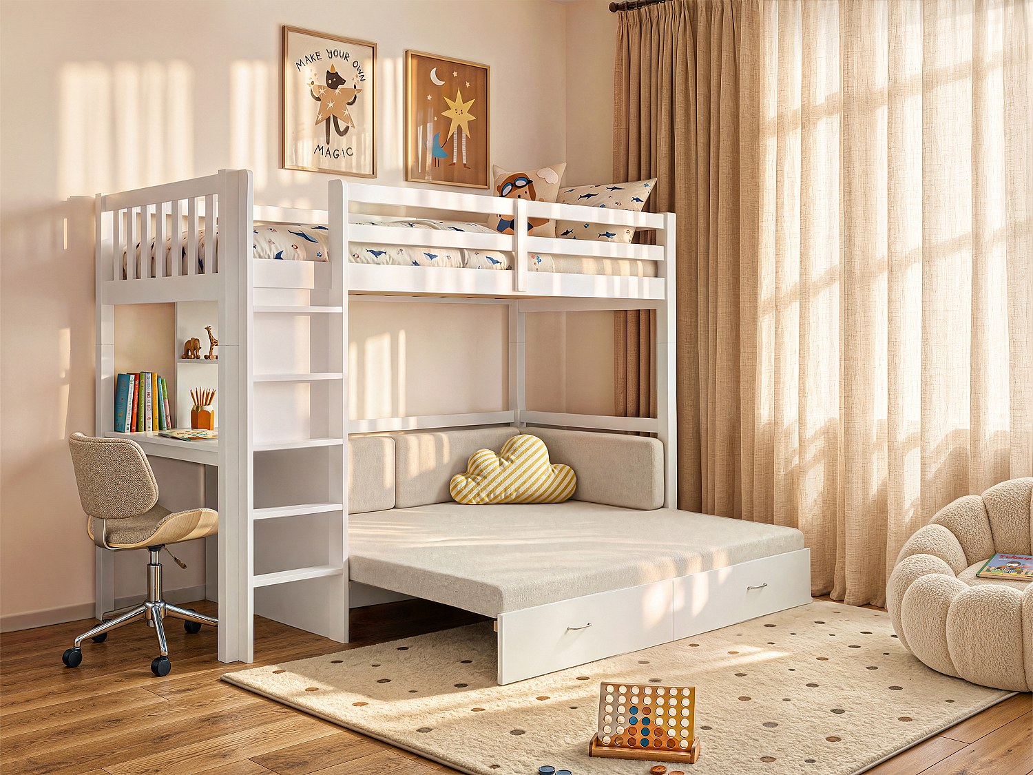 Hochbett mit Sofa mit Schlaffunktion + Matratze - 90 x 190 cm- Kiefernholz & MDF - Weiß - ORPELIA