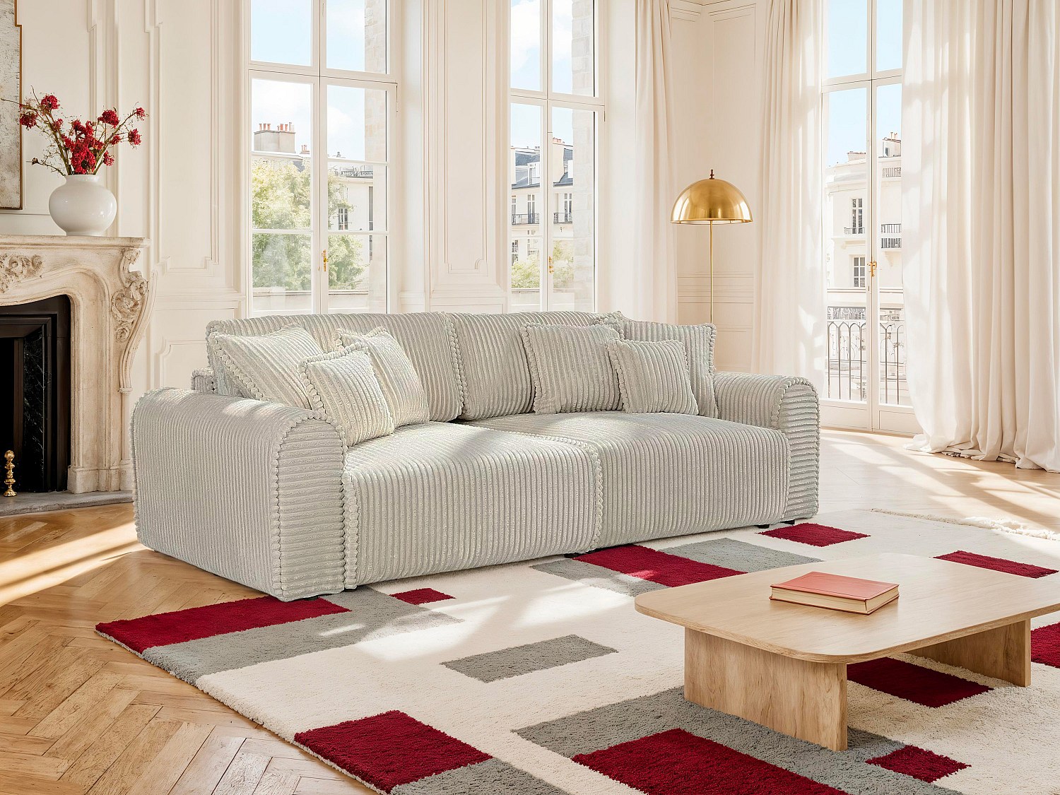 Sofa 4-Sitzer Schlafsofa Komfort - Cord Samt Beige - Tiefe Sitzfläche - TELARO