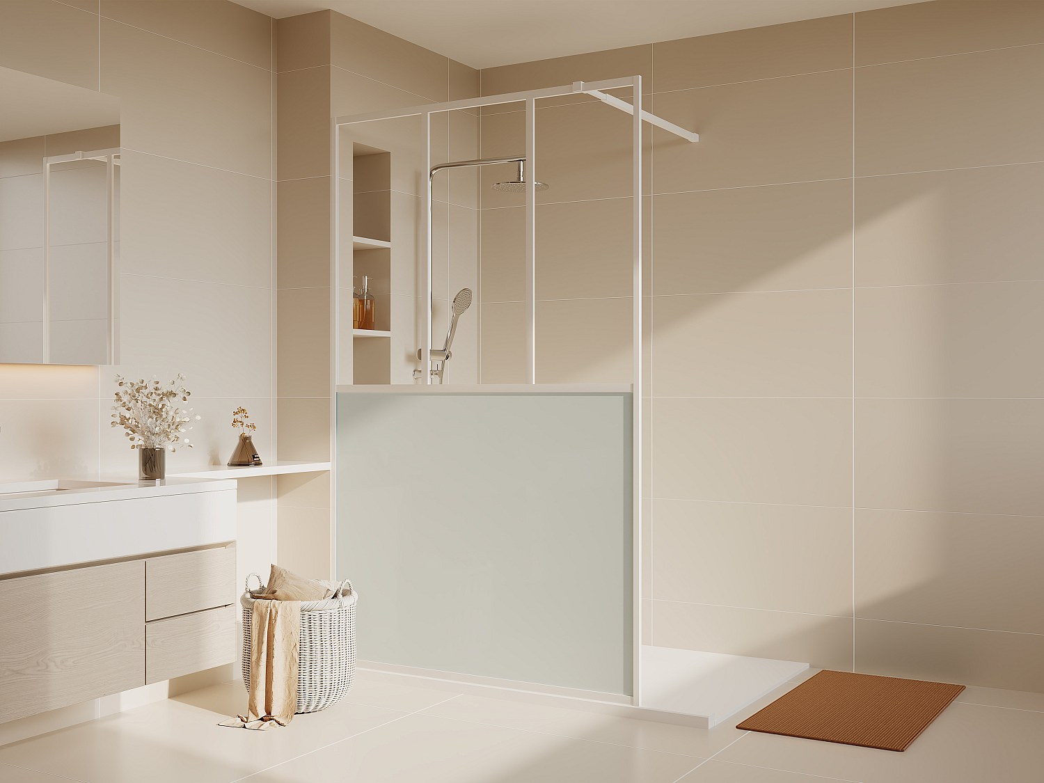 Duschtrennwand Seitenwand italienische Dusche - Atelierstil - Mattweiß - 140 x 200 cm - URBANIK