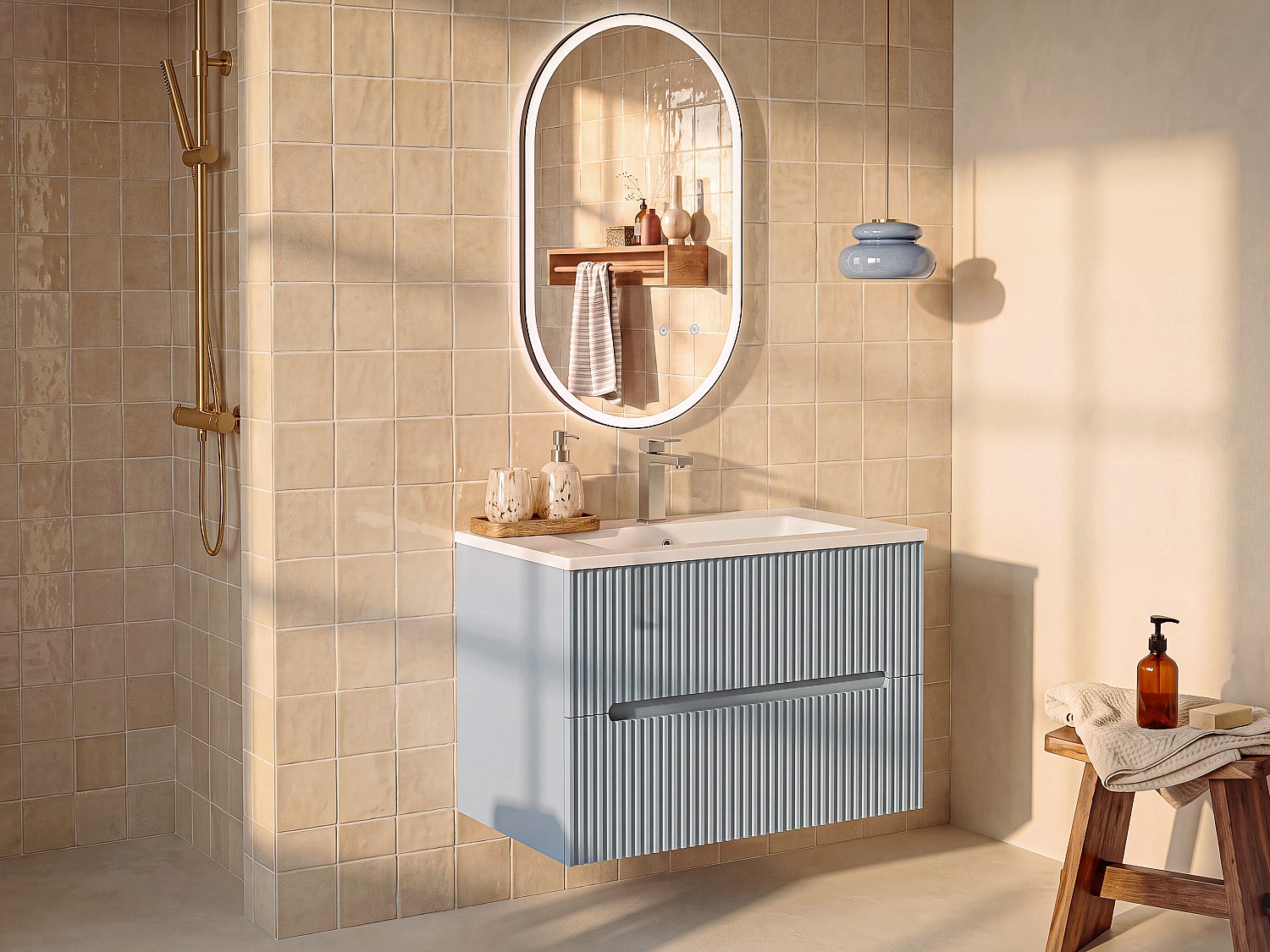 Hängeunterschrank fürs Waschbecken gestreift himmelblau - 80 cm - PAVANI