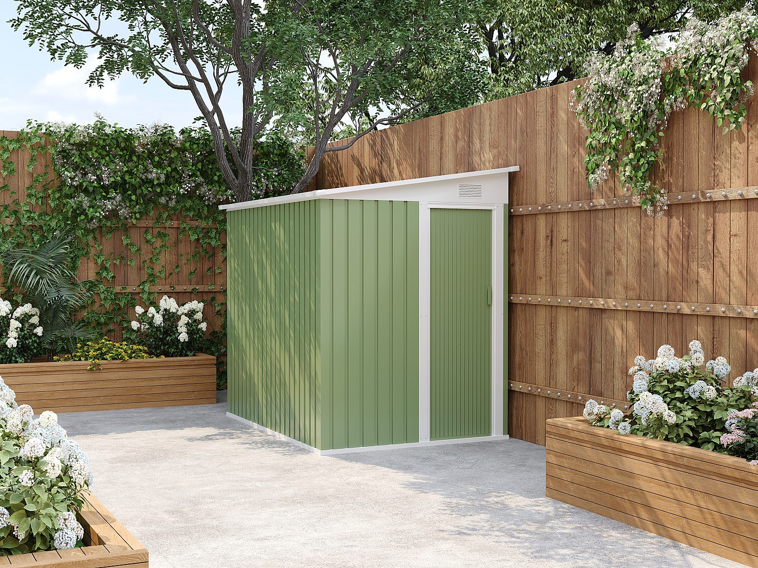 Anlehn-Gartenhaus Metall – verzinkter Stahl – Salbeigrün – 3,15 m² – DAXTON