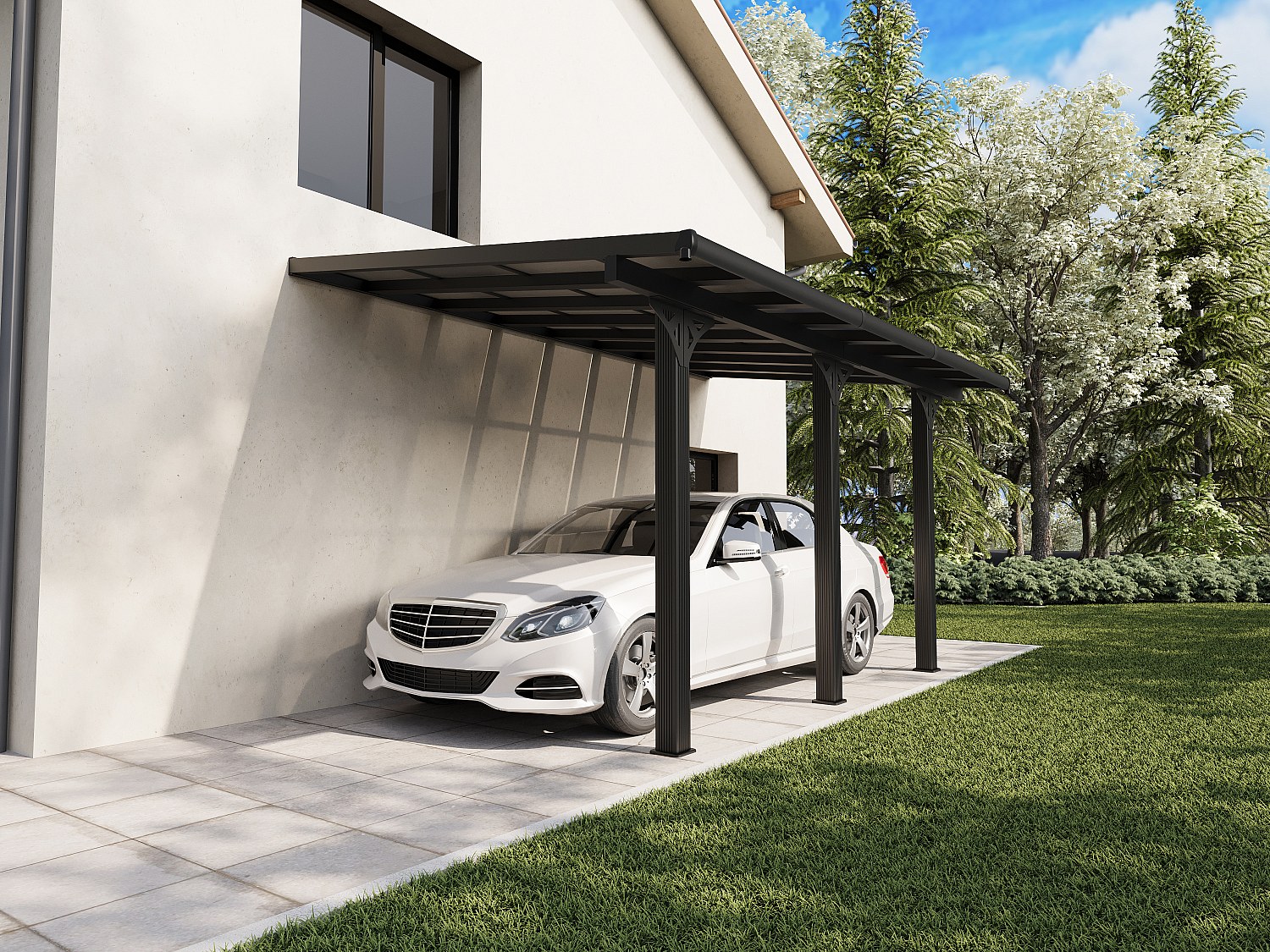 Anlehn-Carport Pergola aus Aluminium mit Polycarbonat-Dach – 15,13 m² – Anthrazit – PAZERA