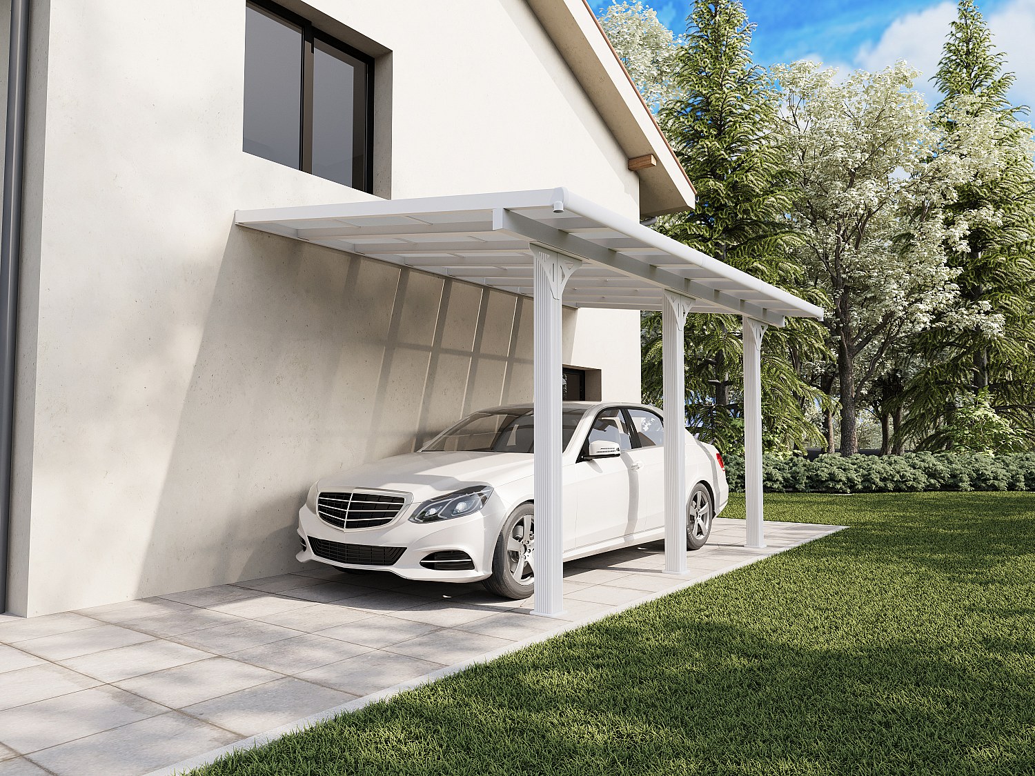 Anlehn-Carport Pergola aus Aluminium mit Polycarbonat-Dach – 15,13 m² – Weiß – PAZERA
