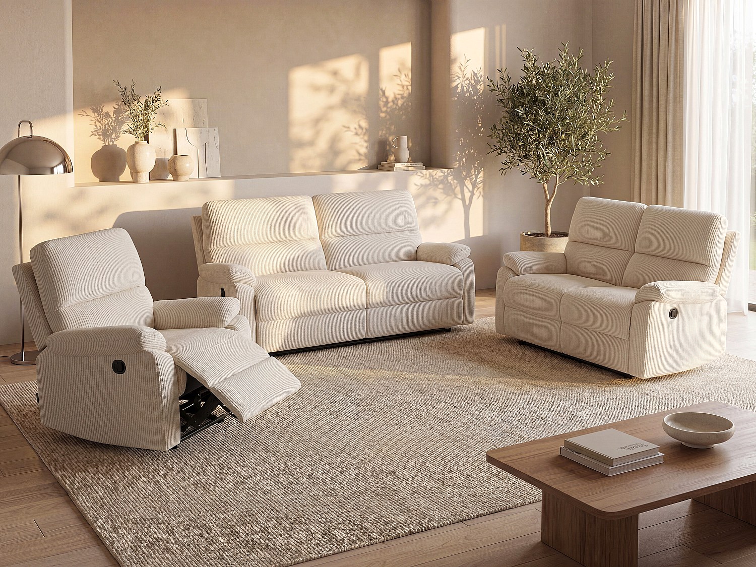Couchgarnitur mit Sessel - 3-Sitzer-Sofa, 2-Sitzer-Sofa und Sessel mit Elektrischer Relaxfunktion aus Cordstoff in Beige LUNANO