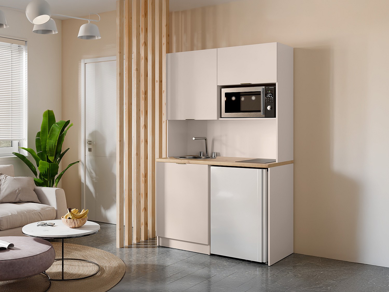 Multifunktionsmöbel für Küchenzeile & Waschraum - Mit Arbeitsplatte 120 cm - Beige & Holzfarben - CARMEO