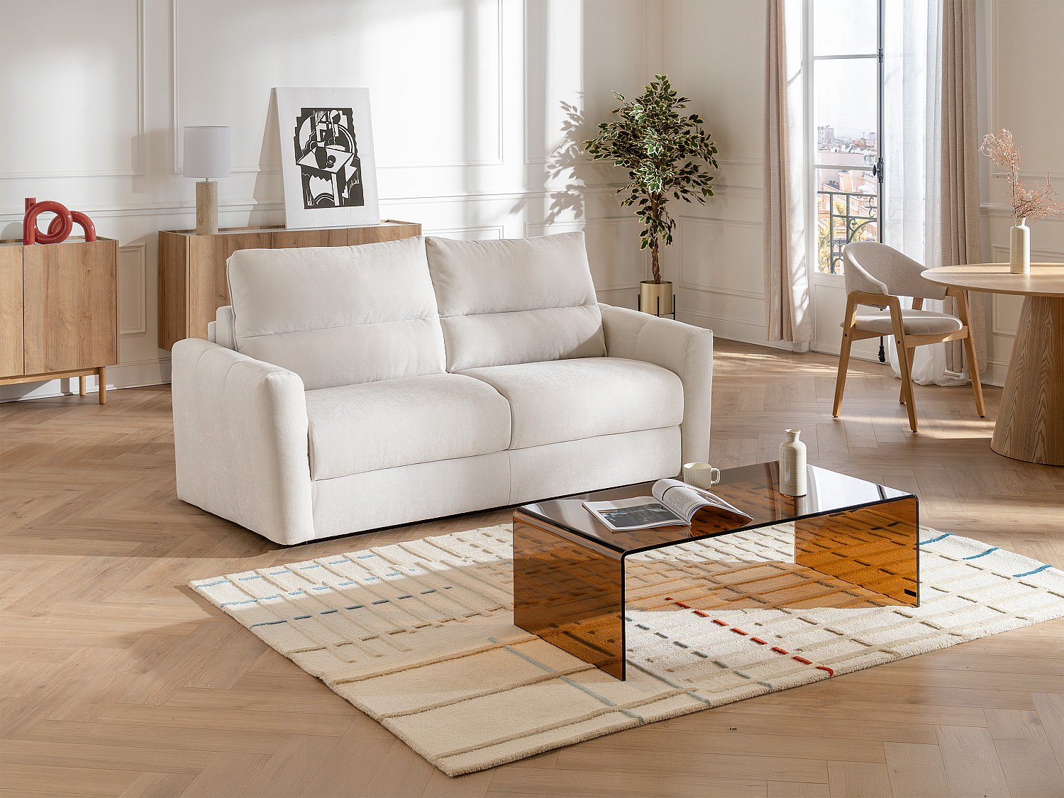 Schlafsofa Express 3-Sitzer aus beigem Chenille-Stoff - Liegefläche 140 cm - Matratze 13 cm DOVENA von Maison Céphy