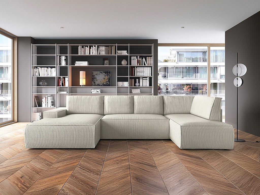 Große Wohnlandschaft - Ecke links - Mit Schlaffunktion - Cord - Beige - AMELIA