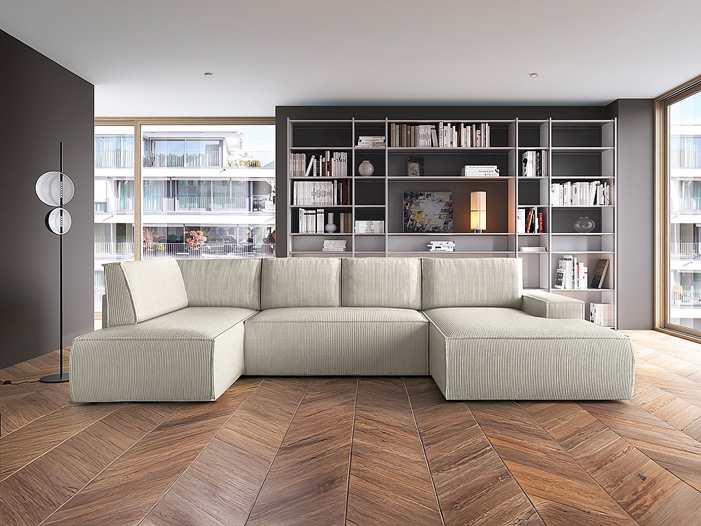 Große Wohnlandschaft - Ecke rechts - Mit Schlaffunktion - Cord - Beige - AMELIA