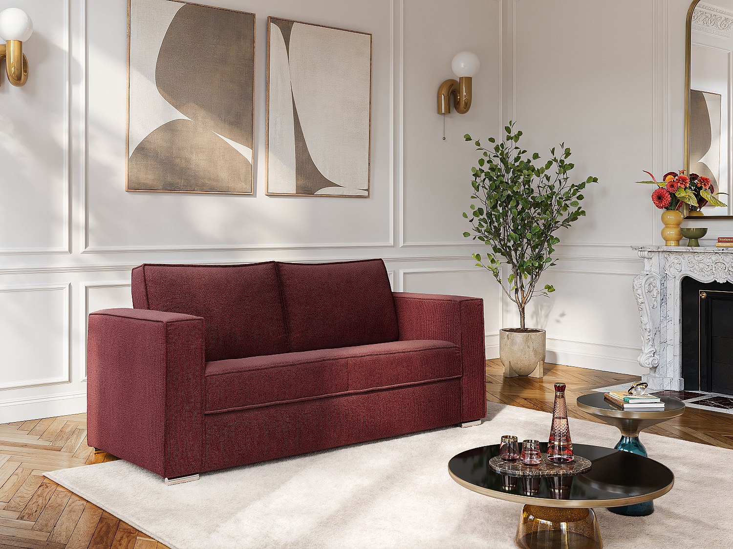 Schlafsofa mit Matratze 3-Sitzer - Chenille-Stoff - Bordeaux - Liegefläche 140 cm - Matratze 14 cm - LORETO