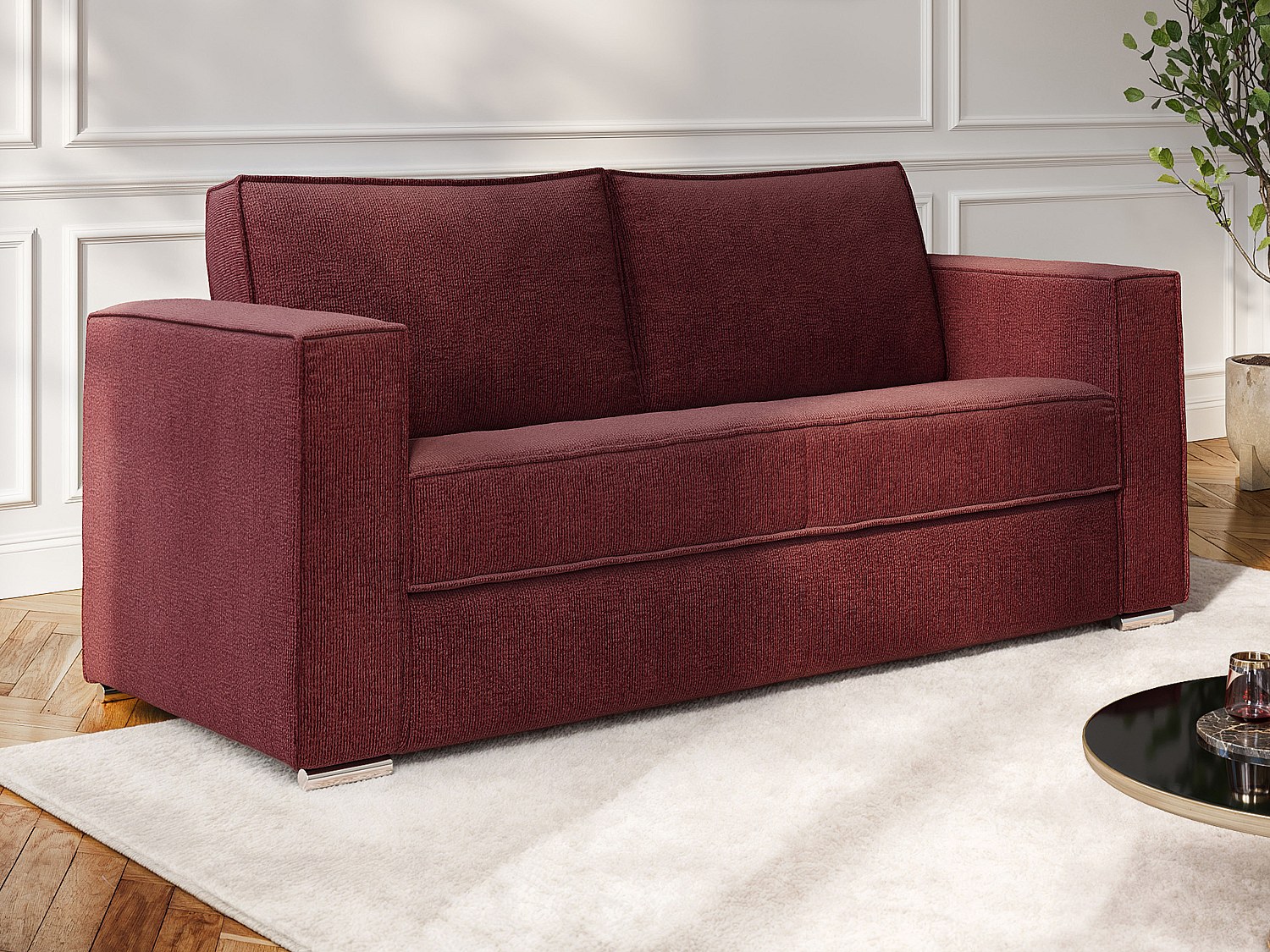 Schlafsofa mit Matratze 3-Sitzer - Chenille-Stoff - Bordeaux - Liegefläche 140 cm - Matratze 22 cm mit Memory-Schaum - LORETO