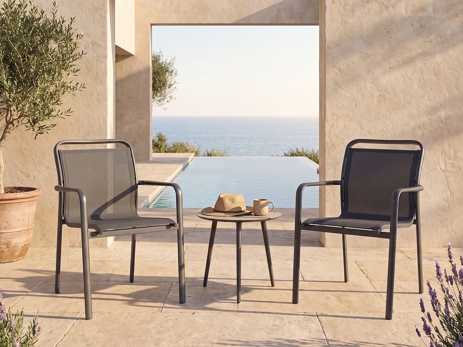 2er-Set Stapelbare Gartenstühle aus Aluminium und Textiline - Dunkelgrau - VELYRA von MYLIA