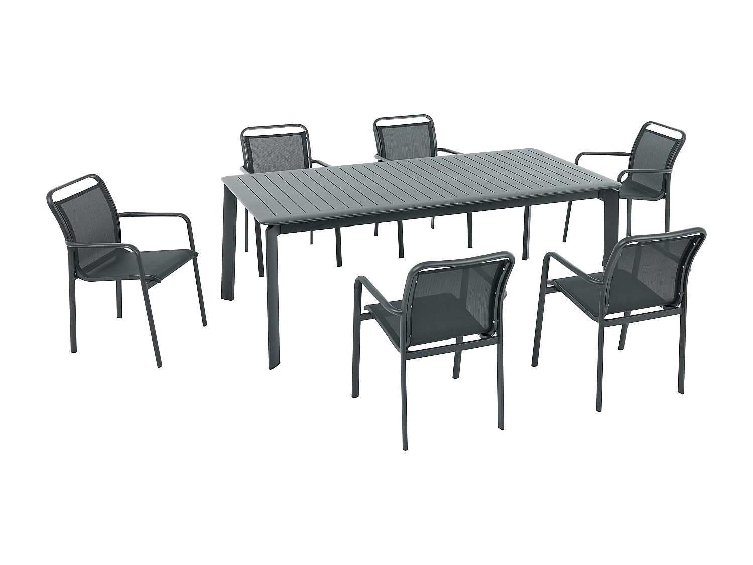 Garten-Esstischgruppe - Aluminium: Ausziehbarer Tisch L205/286,5 cm + 6 stapelbare Stühle - Dunkelgrau - VELYRA von MYLIA