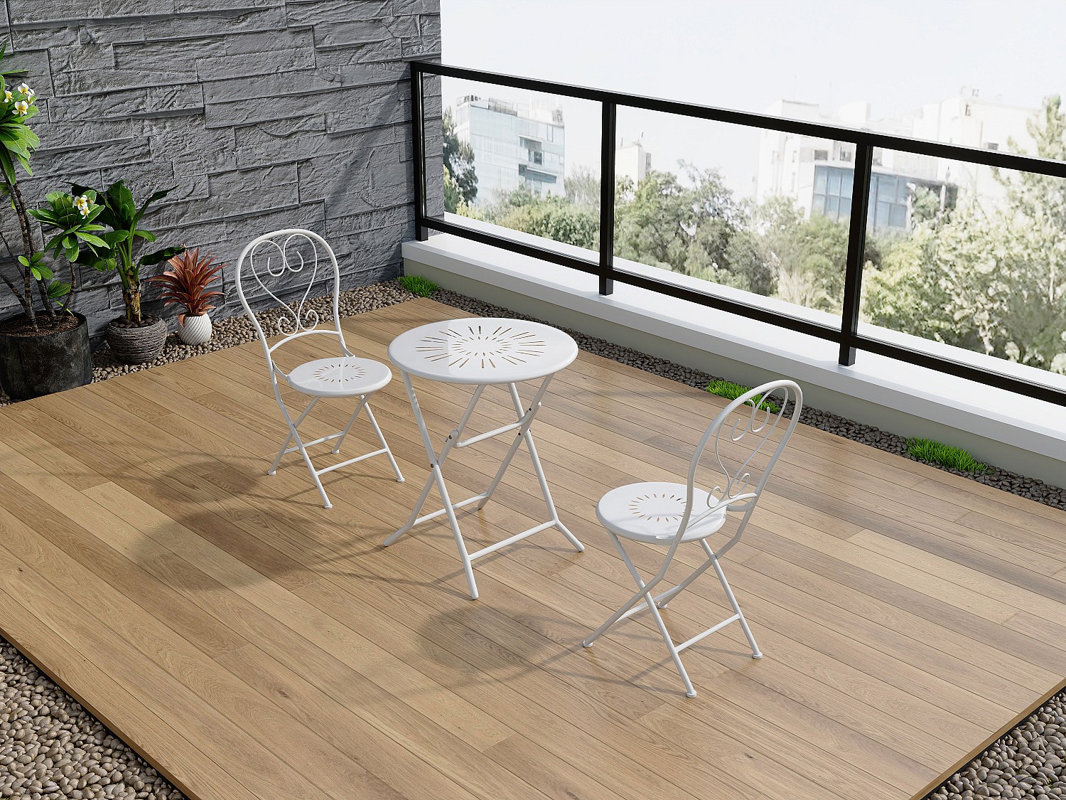 Garten-Essgruppe klappbar: Tisch D. 60 cm + 2 Stühle - Metall in Eisenoptik - Weiß - GUERMANTES von MYLIA