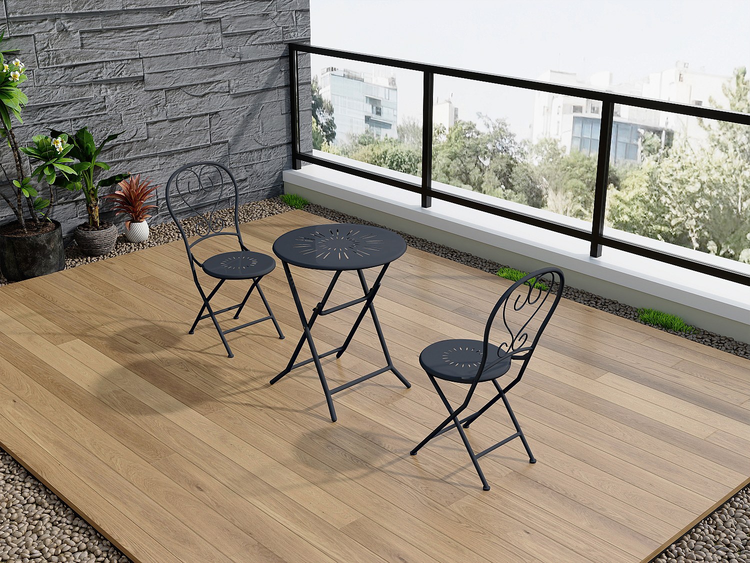Garten-Essgruppe klappbar: Tisch D. 60 cm + 2 Stühle - Metall in Eisenoptik - Anthrazit - GUERMANTES von MYLIA
