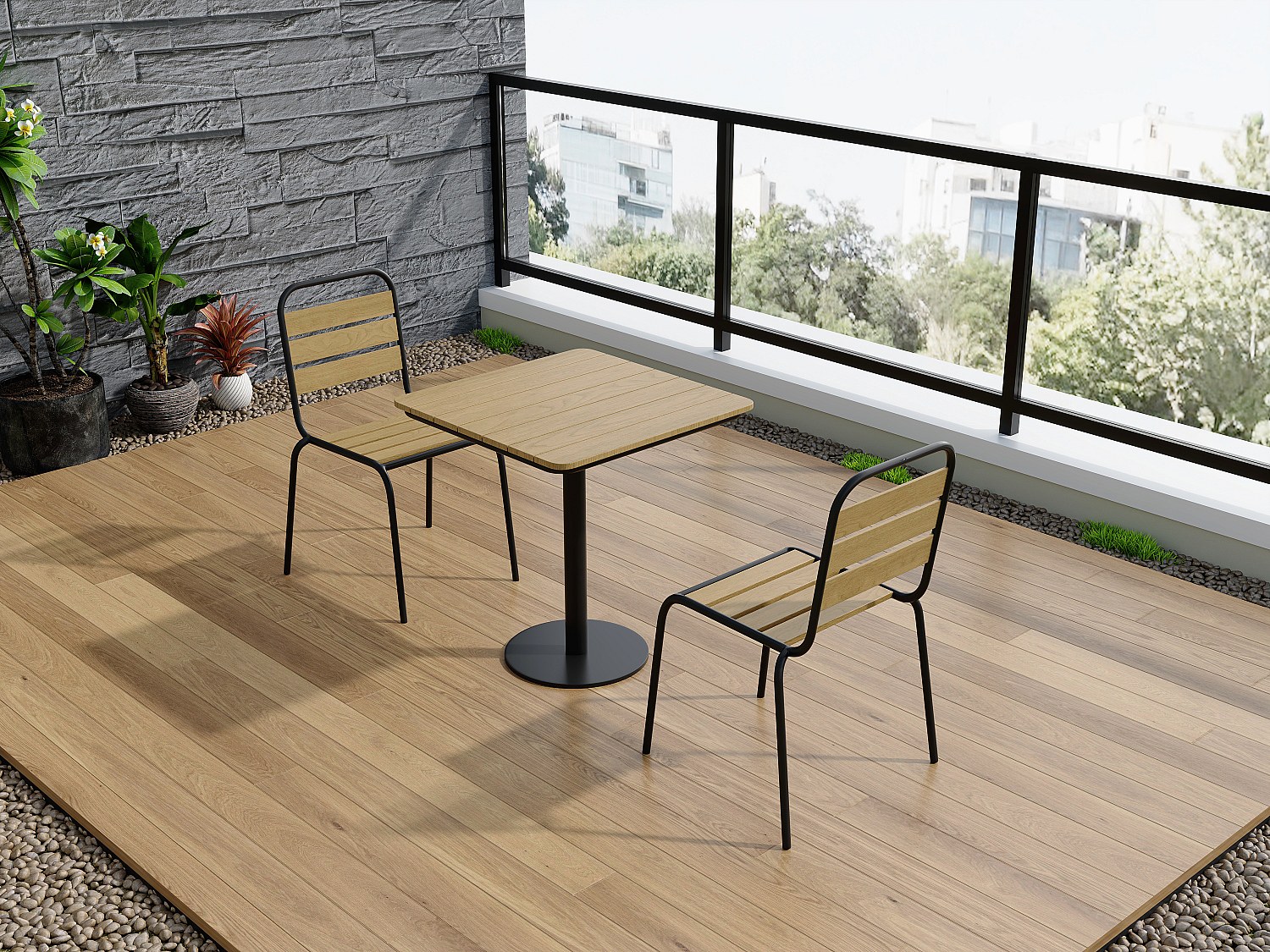 Garten-Essgruppe: Tisch L.70 cm + 2 stapelbare Stühle - Polywood & Metall - Schwarz - LYLIOS de MYLIA