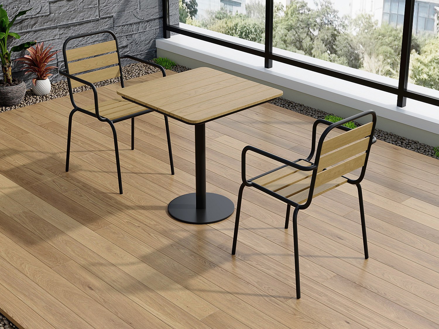 Garten-Essgruppe: Tisch L.70 cm + 2 stapelbare Sessel - Polywood & Metall - Schwarz - LYLIOS de MYLIA
