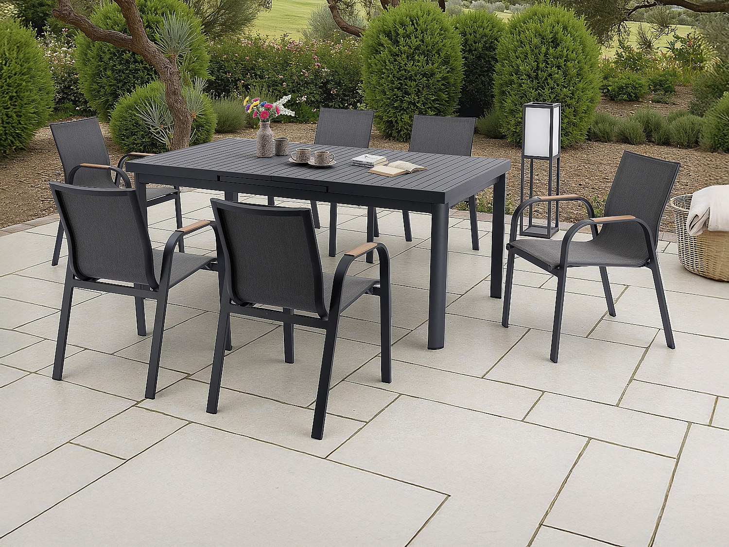 Garten-Essgruppe aus Aluminium: ausziehbarer Tisch L180/240 cm und 6 Stühle – Anthrazit – ZEYVA von MYLIA