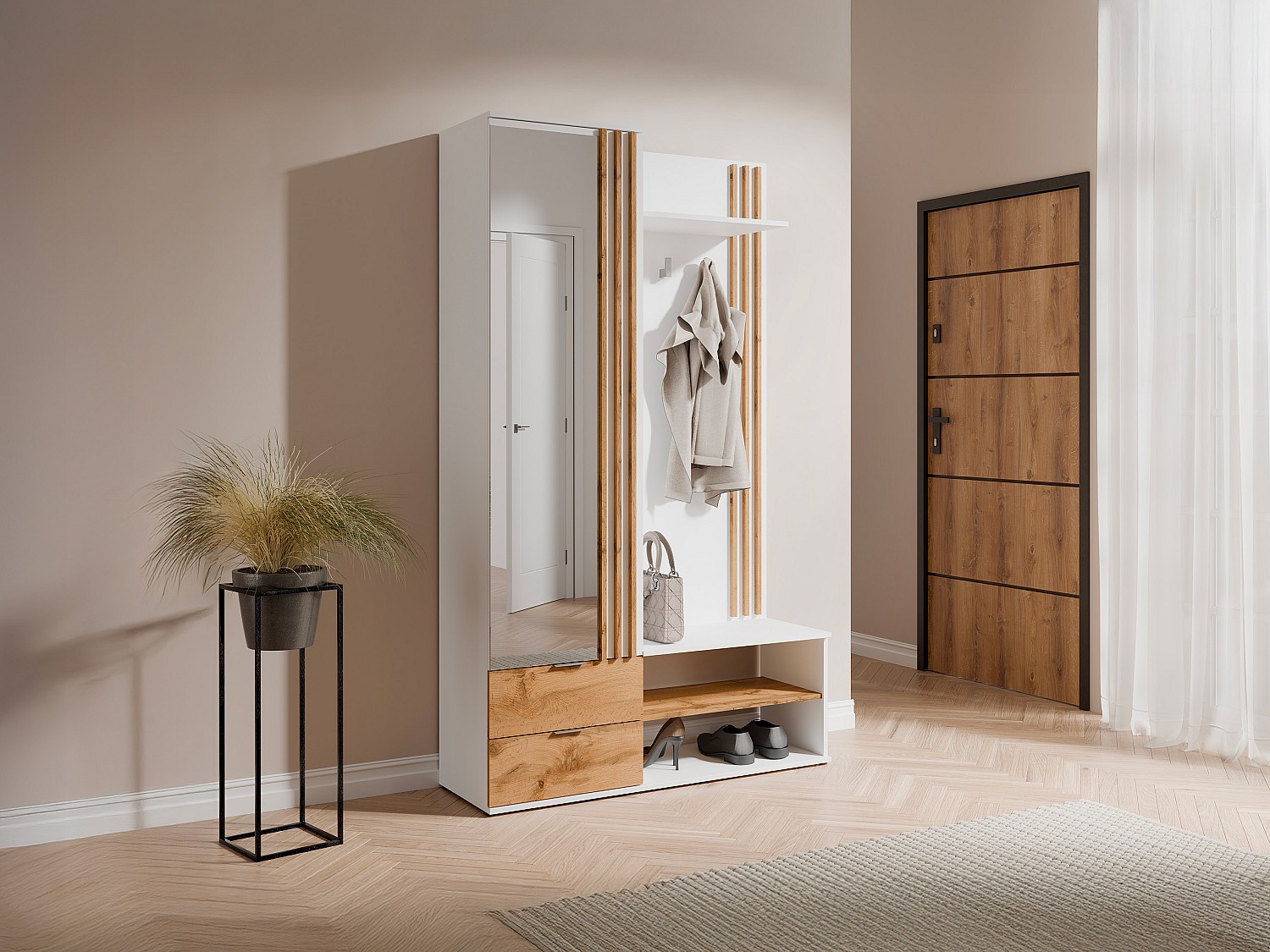 Garderobe mit Spiegel und Stauraum - Weiß & Natur - JANAKIA