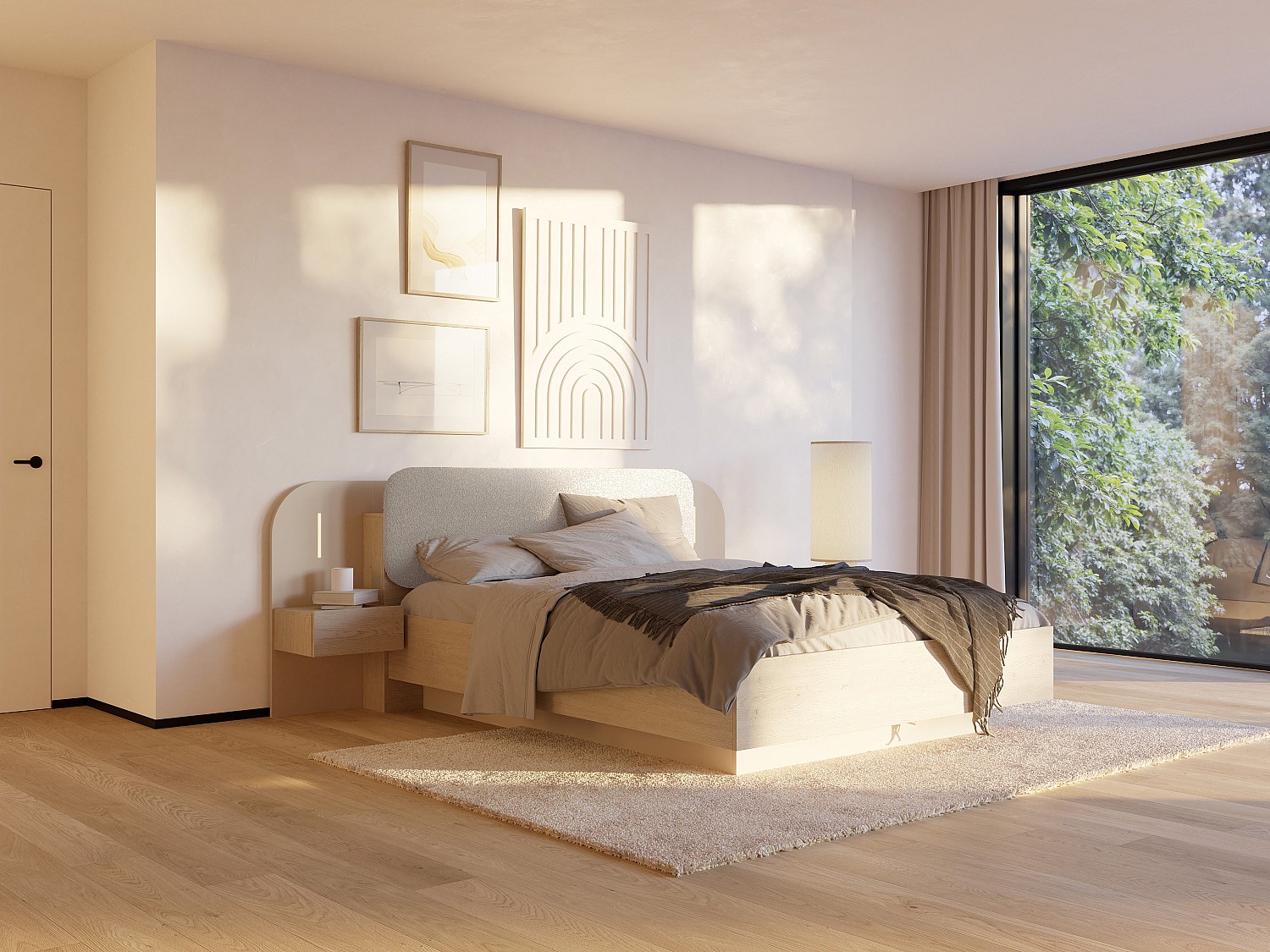 Bett mit Nachttischen 160 x 200 cm - Mit LEDs - Beige und Naturholz + Lattenrost + Matratze - LYORIMA