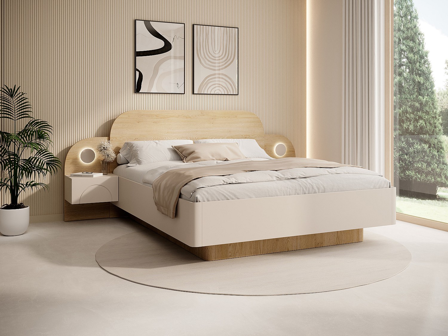 Bett 160 x 200 cm - Mit Nachttischen und LEDs - Beige und Naturholz + Lattenrost - DARTAGNO