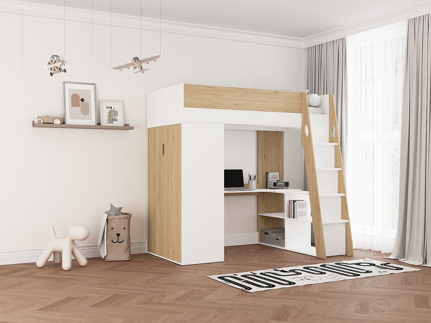 Hochbett 90 x 190 cm mit Kleiderschrank und Schreibtisch – Farbe: Natur und Weiß - ARMONESA