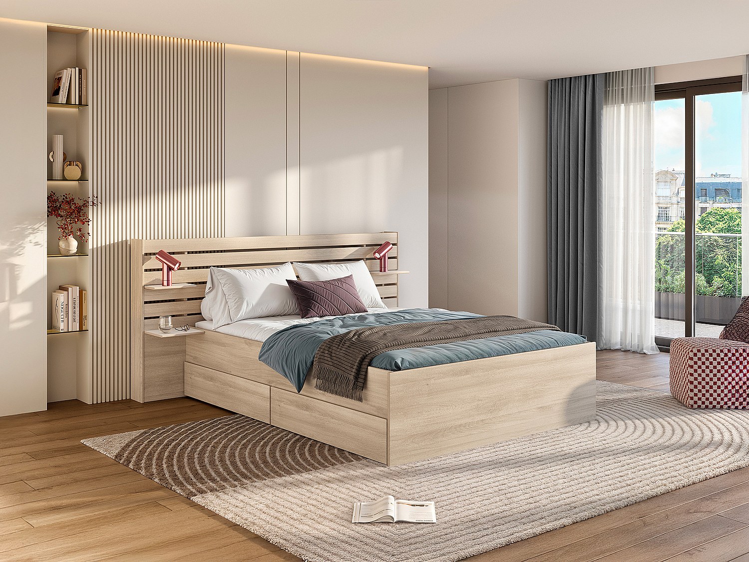 Bett mit Stauraum - 140 x 190/200 cm + Lattenrost + Matratze - Holzfarben - TENALIA II