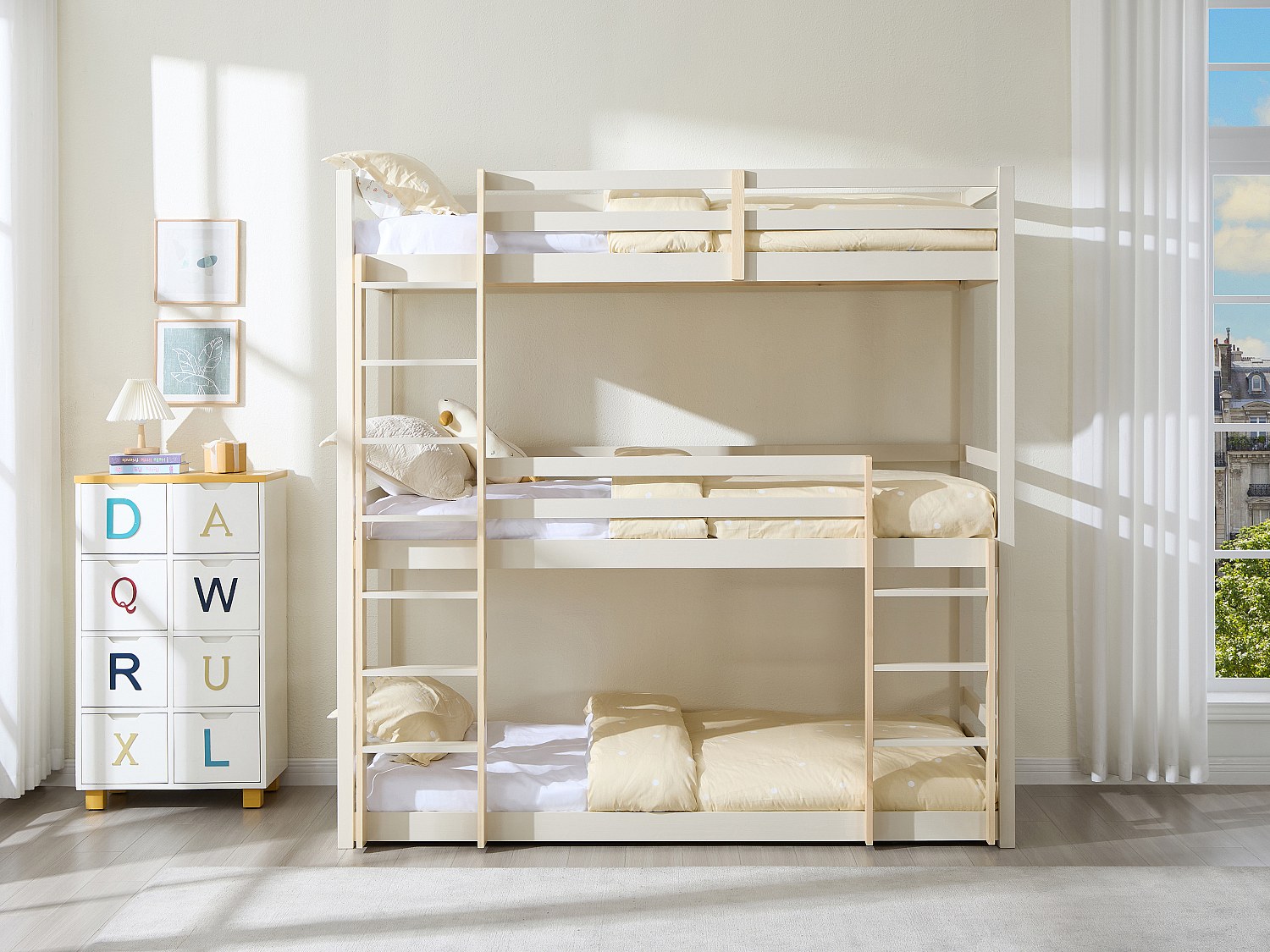 Etagenbett für 3 Personen - 3 x 90 x 200 cm - Kiefernholz - Beige und Natur - VAGAR