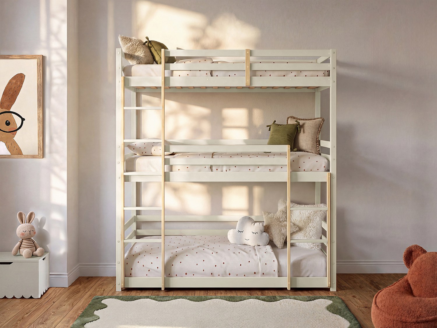 Etagenbett für 3 Personen - 3 x 90 x 200 cm - Kiefernholz - Beige und Natur - VAGAR